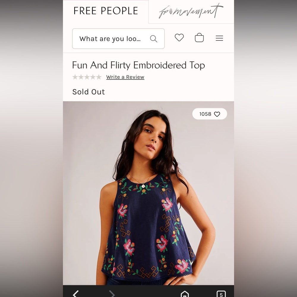 Free People Fun and Flirty Navy Blue Floral Embroidered Tank Top